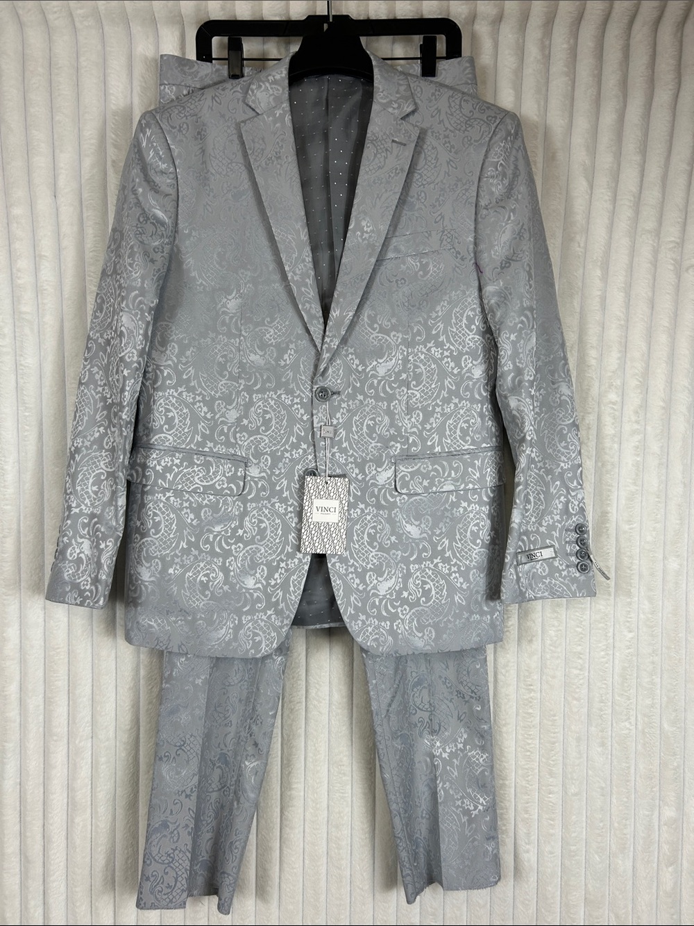 NWT VINCI Philosophy slim fit Light Silver Paisley Suit formal suit 40R 34W